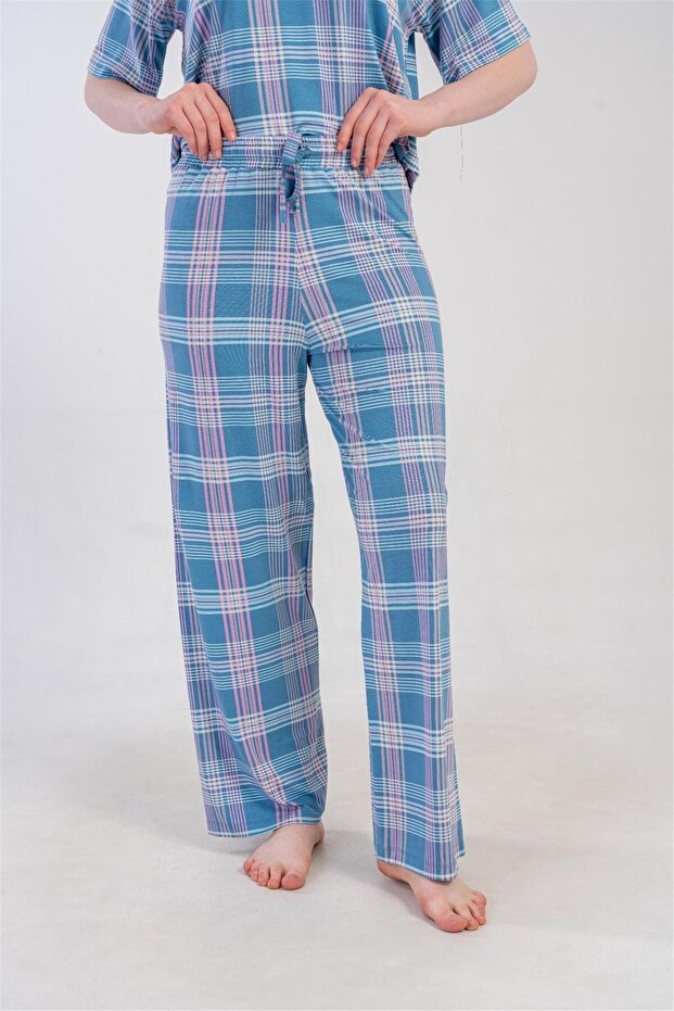 Women's Blue Plaid Wide Leg Bottoms