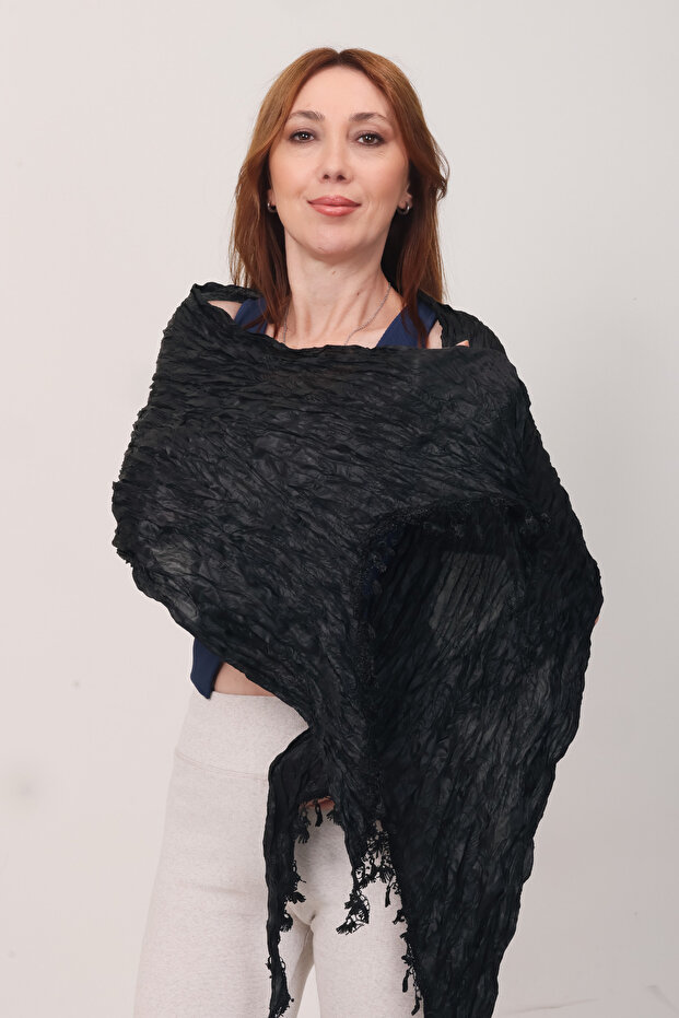 Shawl Luxury Satin Silk Black Crinkle Shawl (68X190 cm)