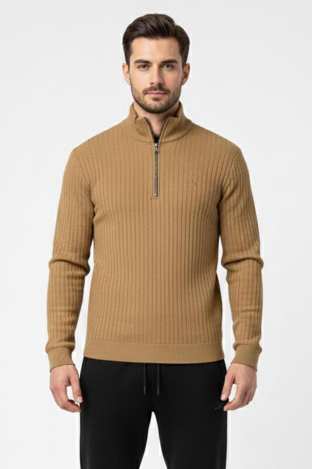 Men's Milk Coffee Anka Fabric Zipper Detail Top