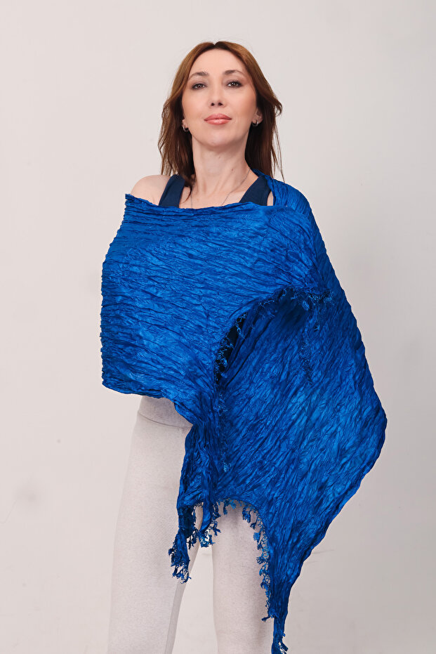 Shawl: Luxury Satin Silk Cobalt Blue Crinkle Shawl (68X190 cm)