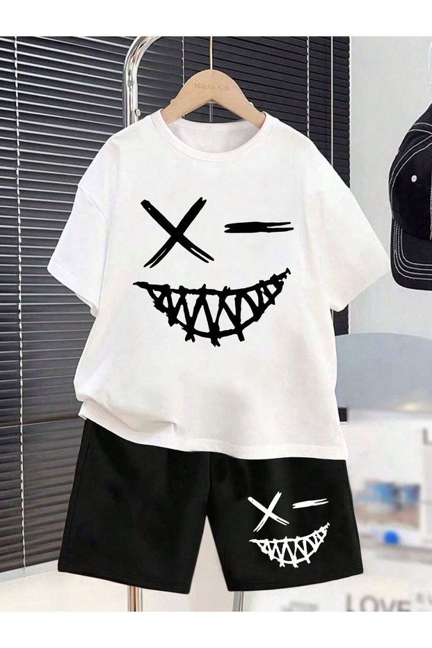 Summer X - Face Printed Black Shorts and White T-Shirt Set for Boys and Girls