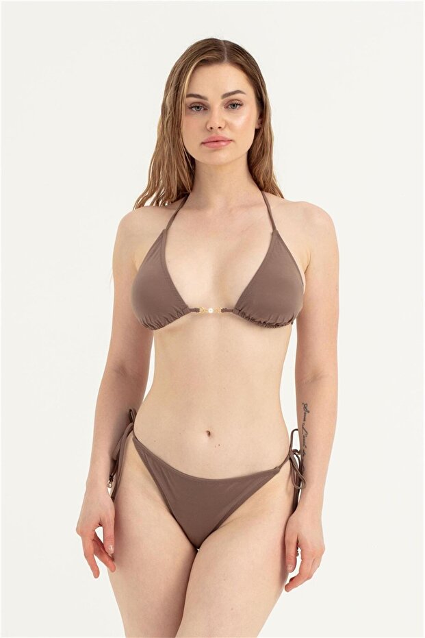 Women's Stone Color Front Pearl Detail Bikini Set