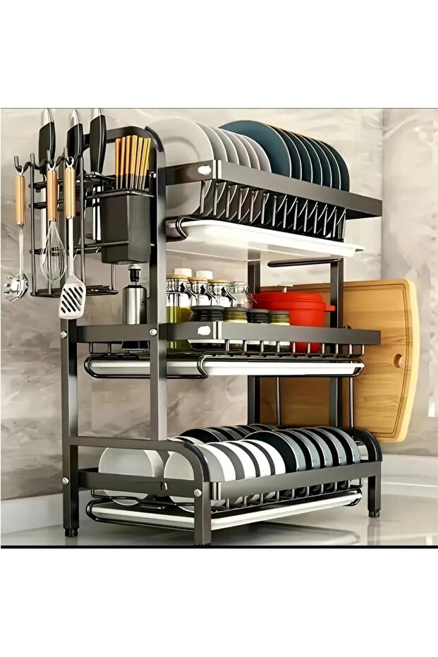 Fcity 3 Tier Dish Drying Rack with Drain Tray & Mat, Stainless Steel Dish Drainer for Kitchen Counte