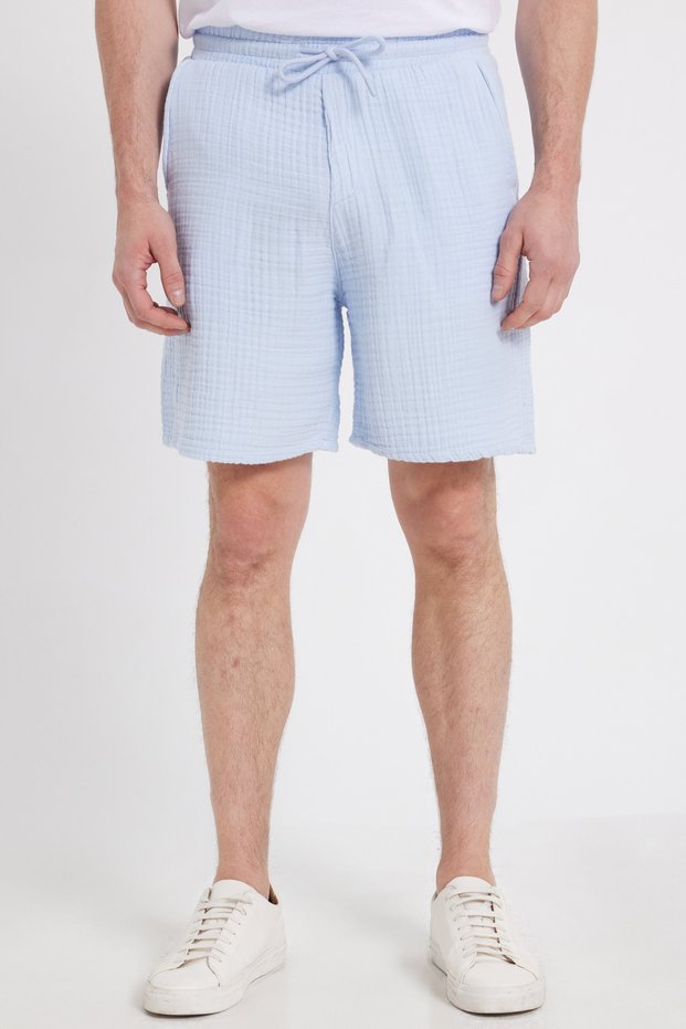 Men's Regular Fit Comfortable Cut Muslin 100% Cotton Elastic Waist Pocketed Lace-Up Blue Shorts