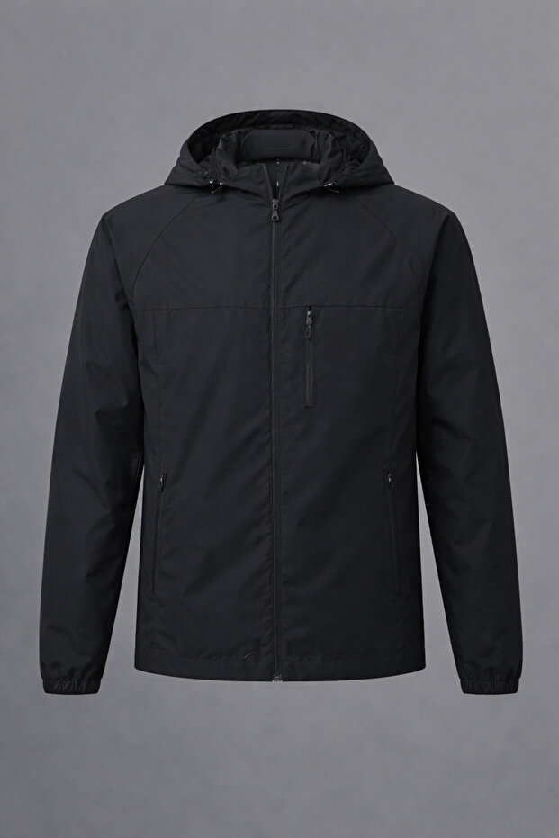 Men's Relax Fit Pocketed Lined Black Raincoat