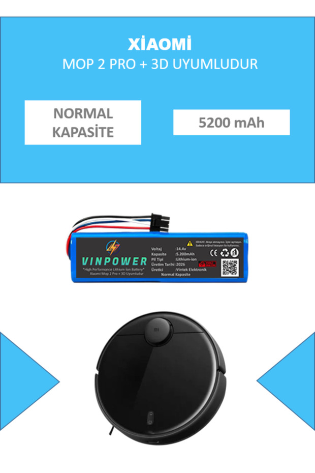 Vinpower MI MOP 2 PRO + 3D Robot Süpürge Uyumlu Batarya 5200 mAh