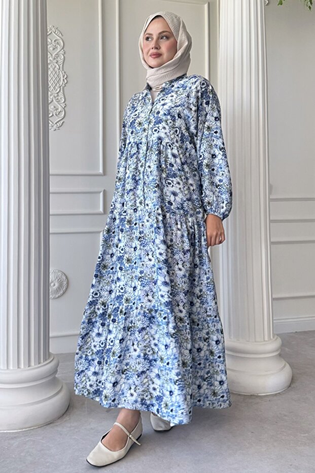 Nergis Çiçeği Mavi Mango Elbise - 2