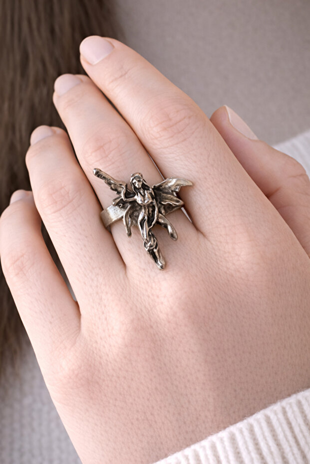 Adjustable Silver Color Ring with Winged Woman Figure – Fantastic Design
