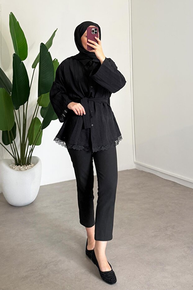 Kemerli Gömlek - Siyah - 3