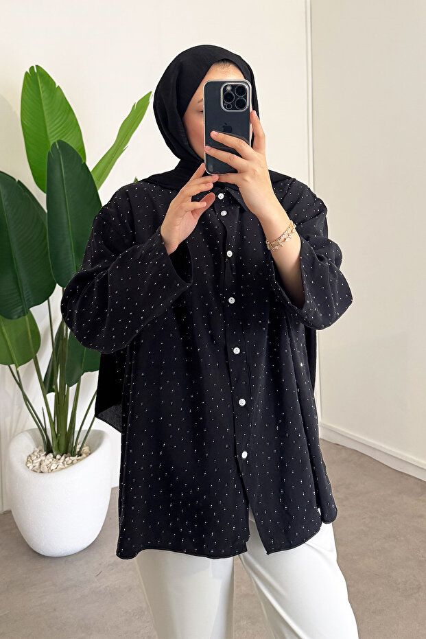 Taş Baskılı Gömlek - Siyah - 3