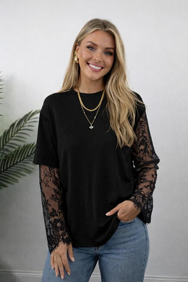 Lace Sleeve Detail Cotton Blouse - Black