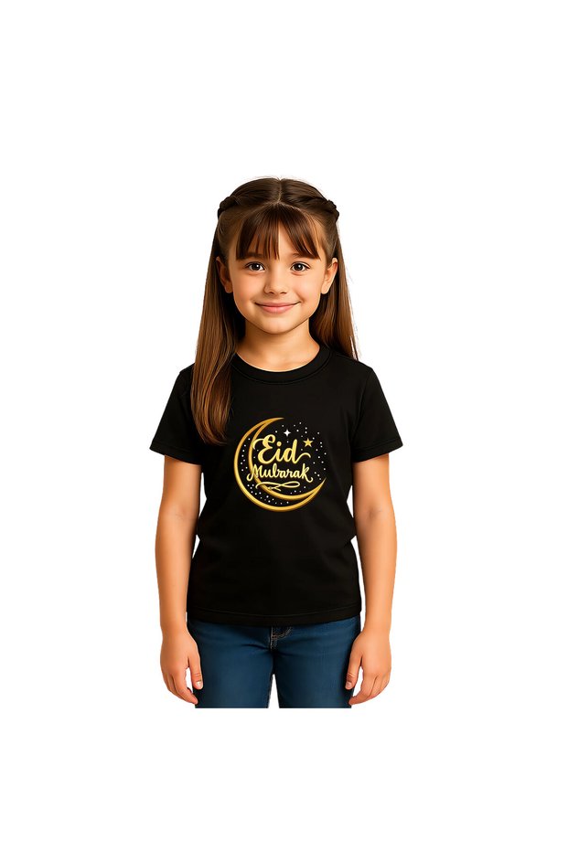 Ramadan Mubarak Girl’s Cotton T-Shirt -Round Neck Short Sleeve-Ramadan Gift for Girls