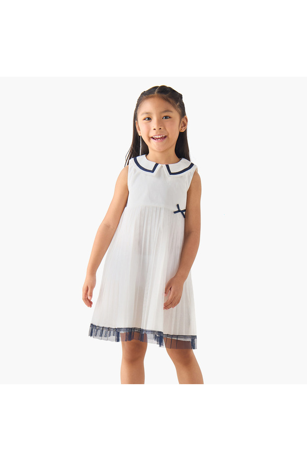 Peter Pan Collar Sleeveless Dress with Pleated Detail