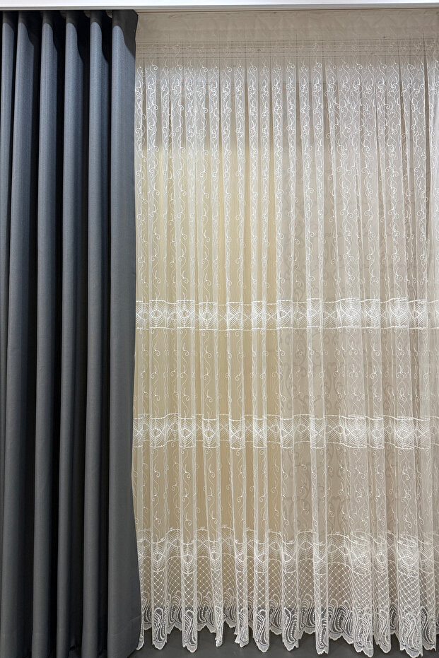 Pi̇lesi̇z Senfoni̇ Pattern Embroidered Tulle Curtain, White Embroidered Iron-Free Tulle Curtain