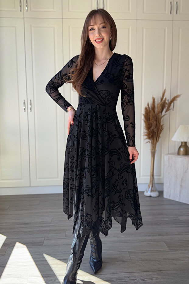 Velvet Printed V-Neck Asymmetrical Midi Black Dress