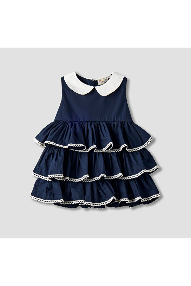 Peter Pan Collar Sleeveless Tiered Dress with Lace Trim
