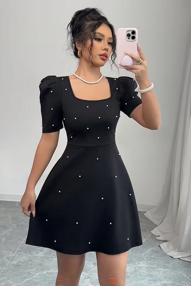 Black Short Sleeve Square Neck Pearl Detail Mini Crepe Fabric Dress