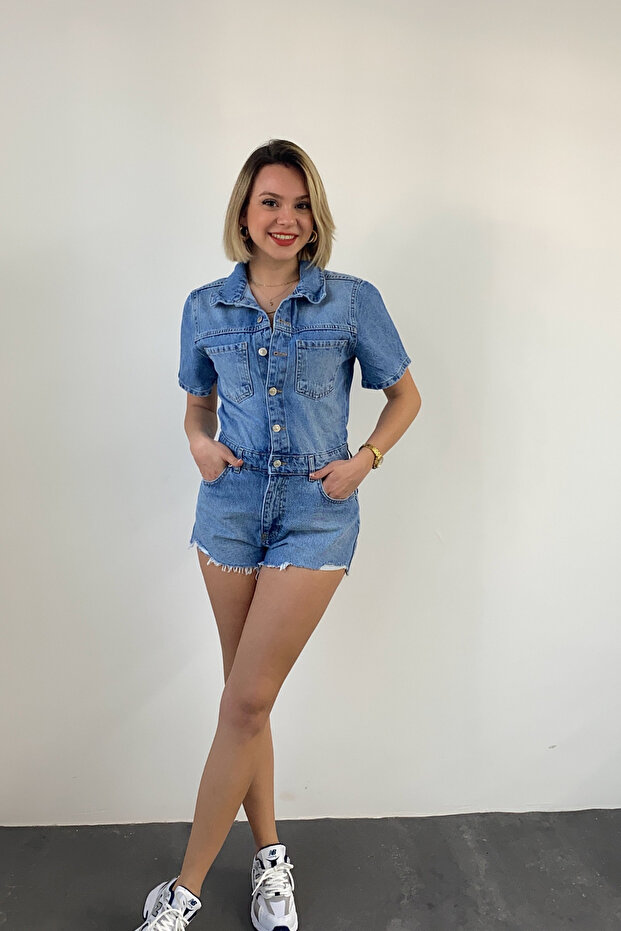 Jean Düğmeli Şort Tulum - 1