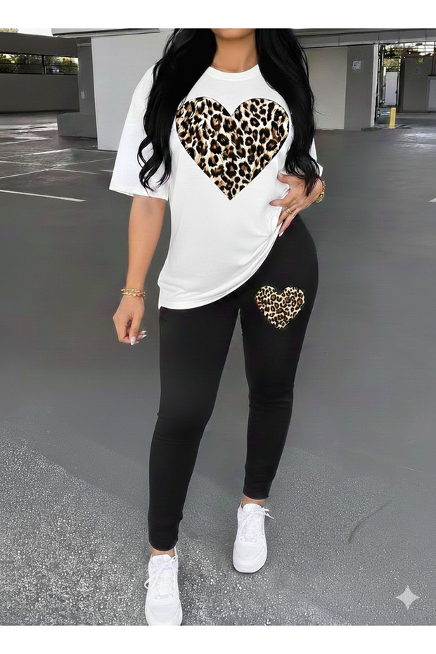 Women's Leopard Heart Printed Oversize T-Shirt Leggings Set Loose Combination Boyfriend Style