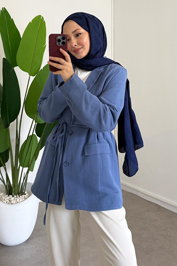 Keten Ceket - İndigo - 3
