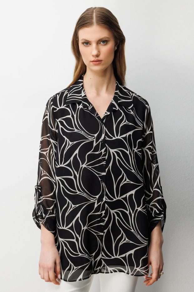 Women's Plus Size Polo Collar Transparent Shirt 2538 Black