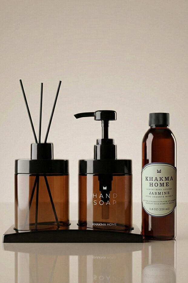 طقم موزع صابون برائحة الياسمين - موزع صابون سائل سعة 220 مل، معطر وعطر بديل