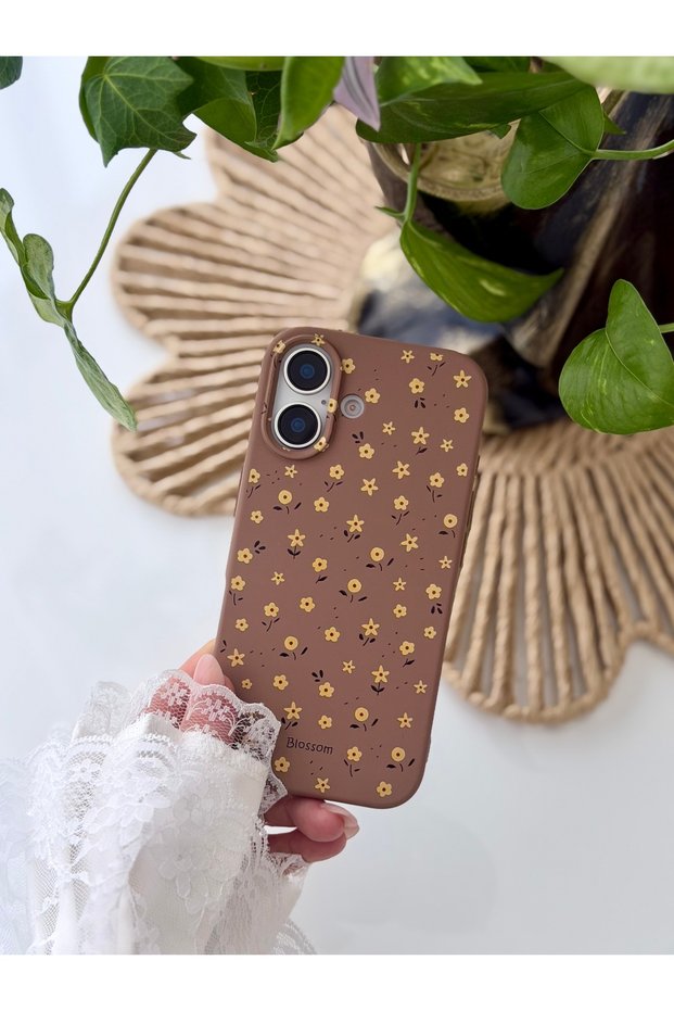 iPhone 16 Compatible Printed Coffee Mini Flower Design Flexible Protective Silicone Case