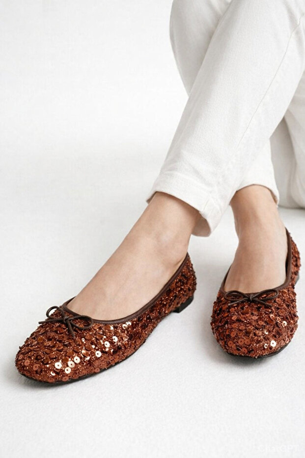 Women's Copper-Brown Sequined Ballerinas Modern Design Casual Shoes