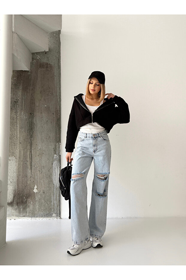 High Waist Double Knee Laser Ripped Wide Leg Jeans