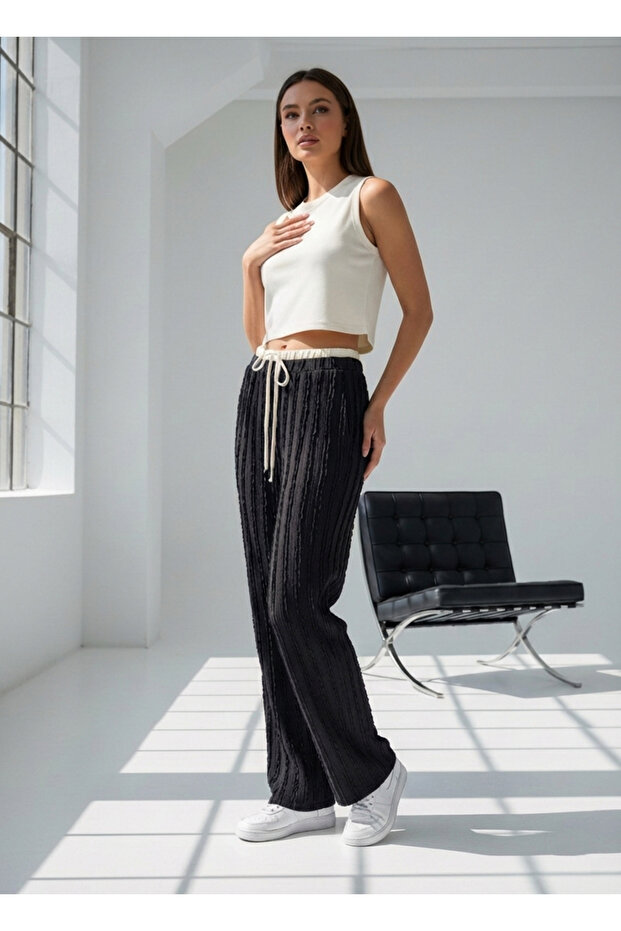 Drawstring Textured High Waist Pants - 1