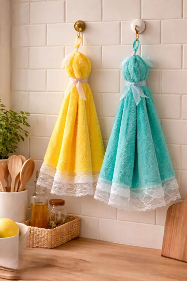 2 Pieces Microfiber Lace Detailed Decorative Kitchen Hand Towels with Straps - Washcloth Set