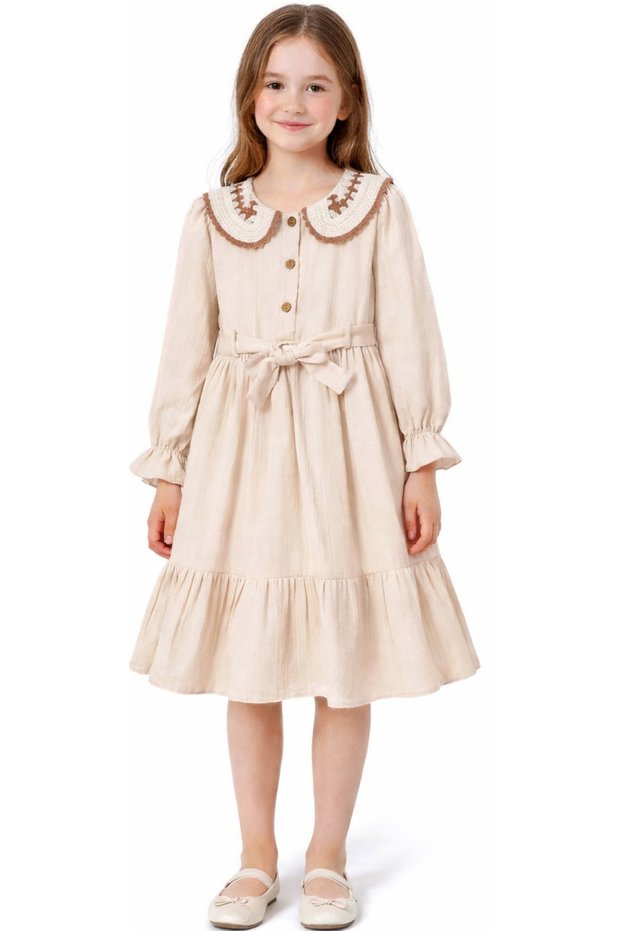 Girl's Beige Color Midi Length Dress with Lace Collar, Button Closure, Belted Lining
