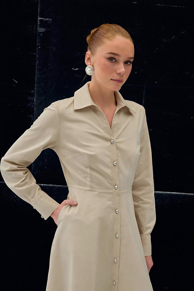 Rochie lungă cu nasturi - Bej - 5