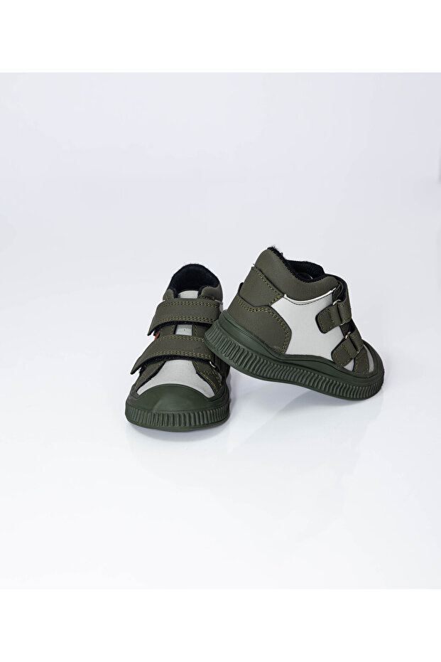 Children's Unisex Khaki Flexible Thermo Sole Double Velcro Strip Patterned Sports Short Boots