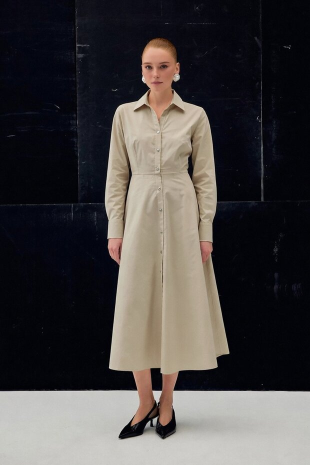 Rochie lungă cu nasturi - Bej - 1