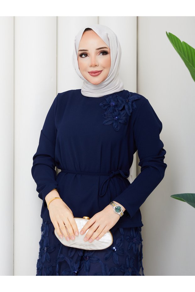 Women's Floral Embroidered Hijab Two-Piece Set – Belted Top & Lace-Look Skirt