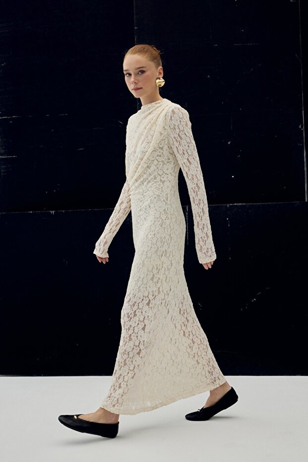 Dantel Elbise - Bej - 4