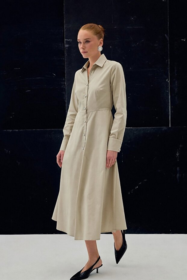 Rochie lungă cu nasturi - Bej - 2