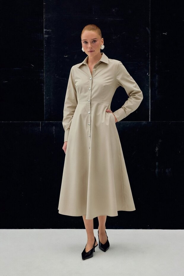 Rochie lungă cu nasturi - Bej - 4