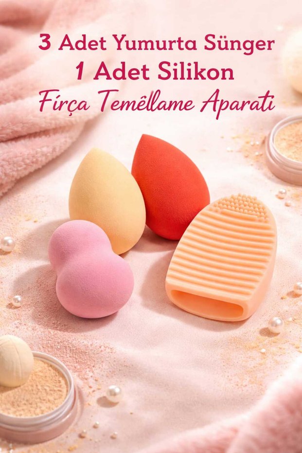 Makeup Sponge Set, Foundation, Concealer, Powder 3 Pieces 1 Piece Silicone Brush Cleaning Tool