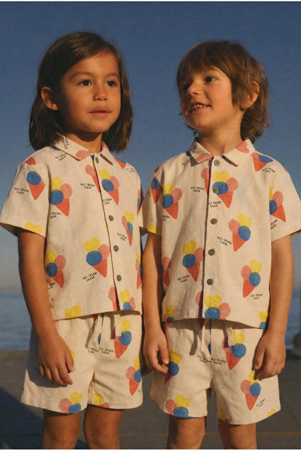 Children's Cotton Beige Ice Cream Patterned Shirt and Shorts Set