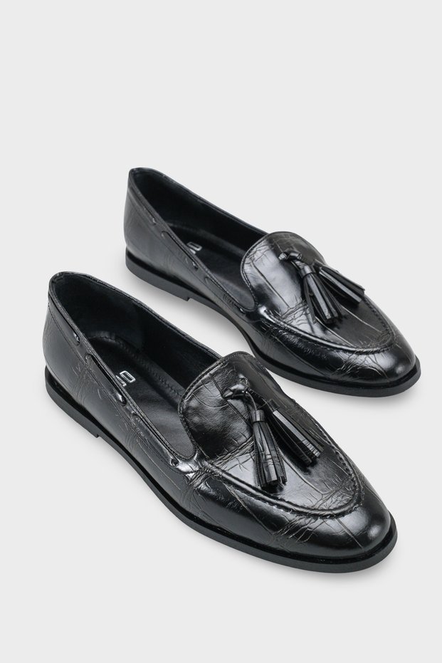 Women's Crocodile Patterned Tassel Detailed Casual Loafer Shoes Ales Black Crocodile