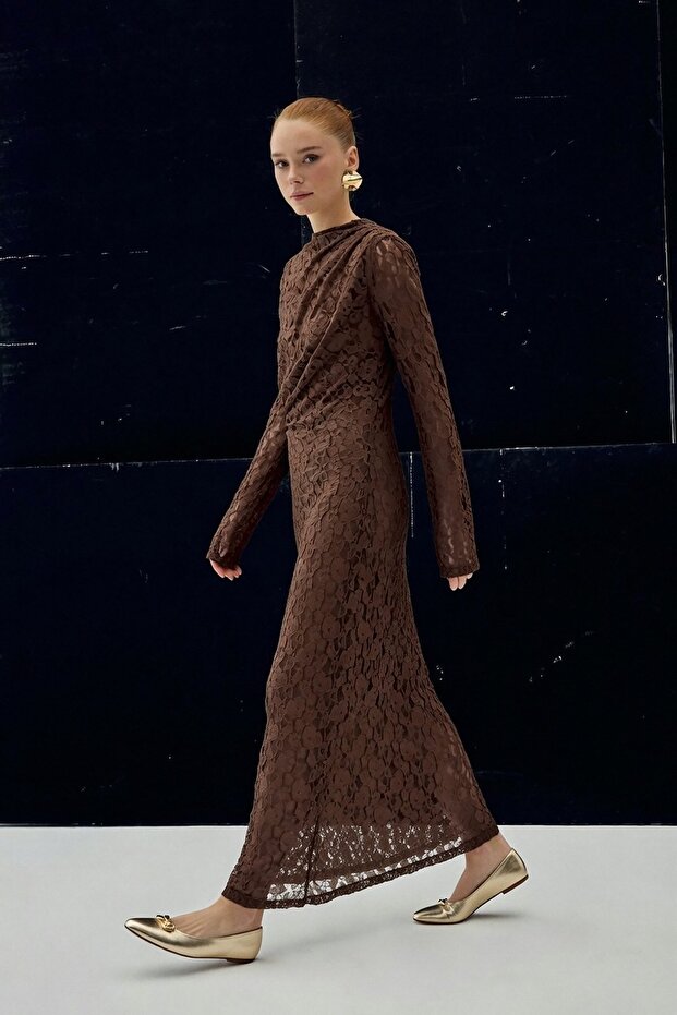 Dantel Elbise - Kahve - 4