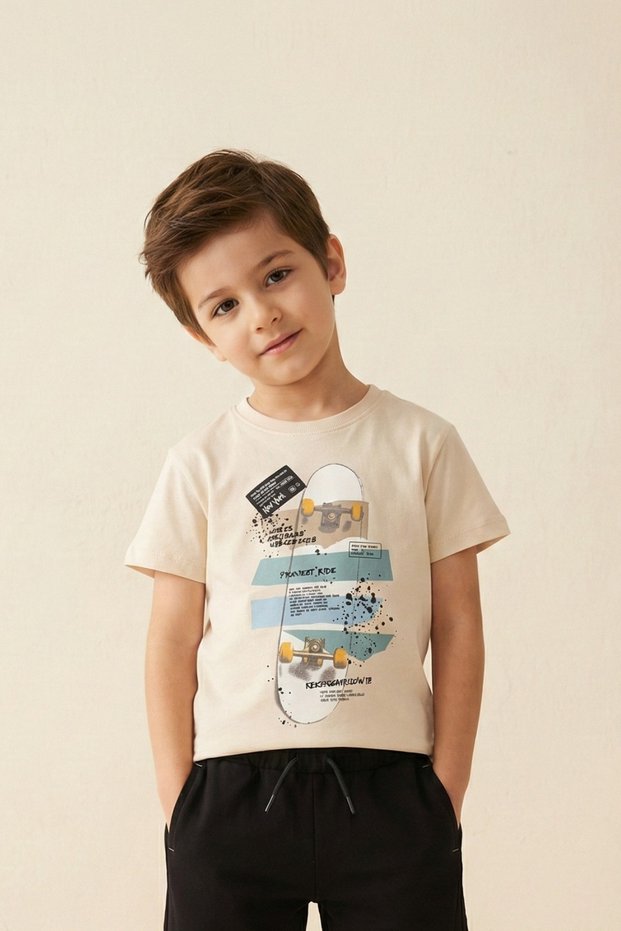 Boy's Beige Skateboard Printed 100% Cotton T-Shirt