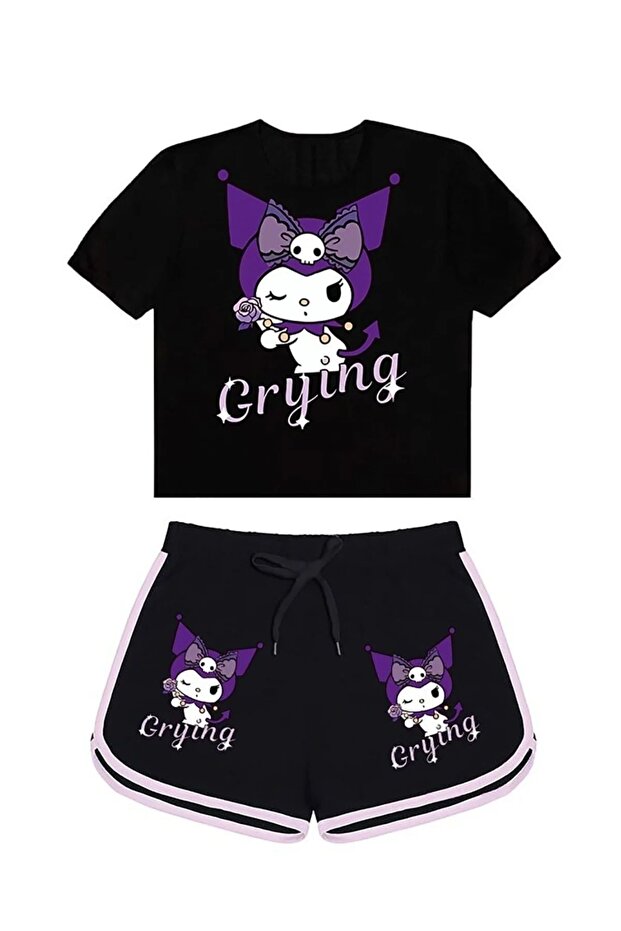 Children's Grying Kuromi Printed Shorts-Crop T-Shirt Summer Set