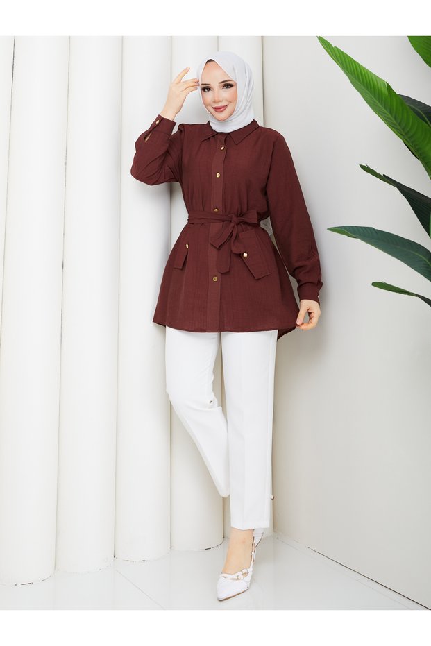 Belted Button Detailed Women's Shirt Tunic – Modern Stylish Design
