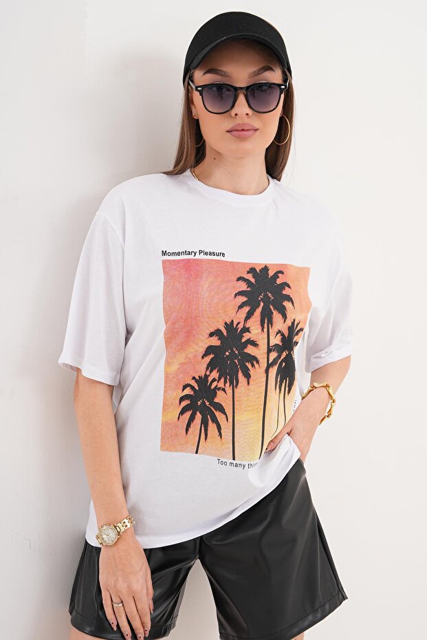 Women's Print Detailed Crew Neck Oversized T-Shirt 260071 -