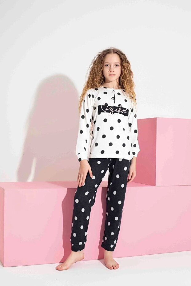 My Little One's Thermal Fabric Polka Dot Patterned Girls' Pajama Set - Black and White