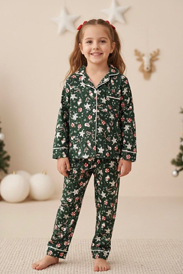 My Little One's Christmas Snowman Patterned Suede Girls' Pajama Set - Green