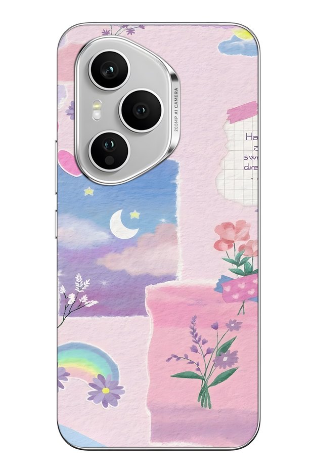 Honor 400 Pro Compatible Pastel Floral Moon and Rainbow Pattern Transparent Phone Case